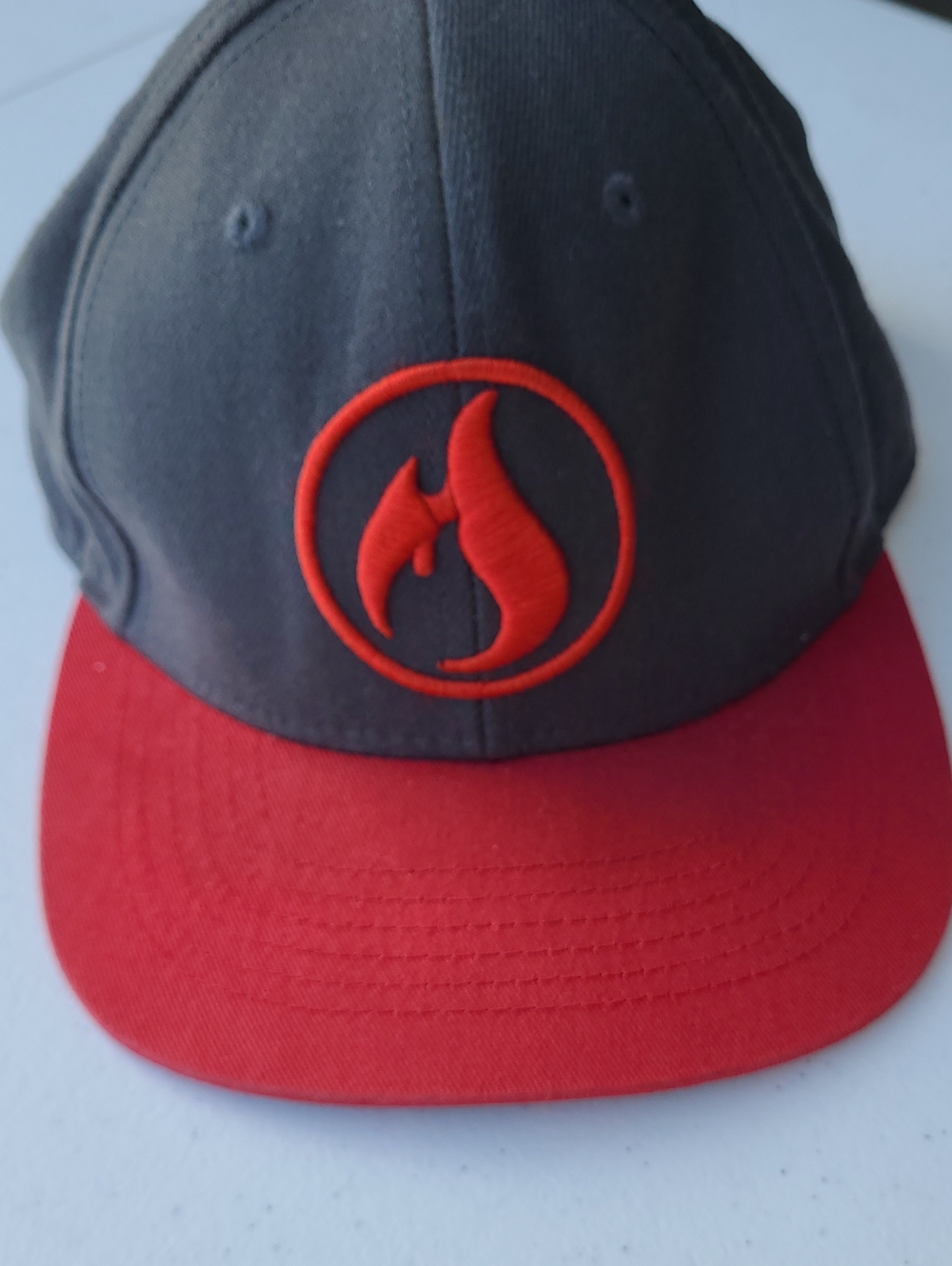 Men's Two-Tone Gray and Red Snapback Hat with Embroidered Flame Logo